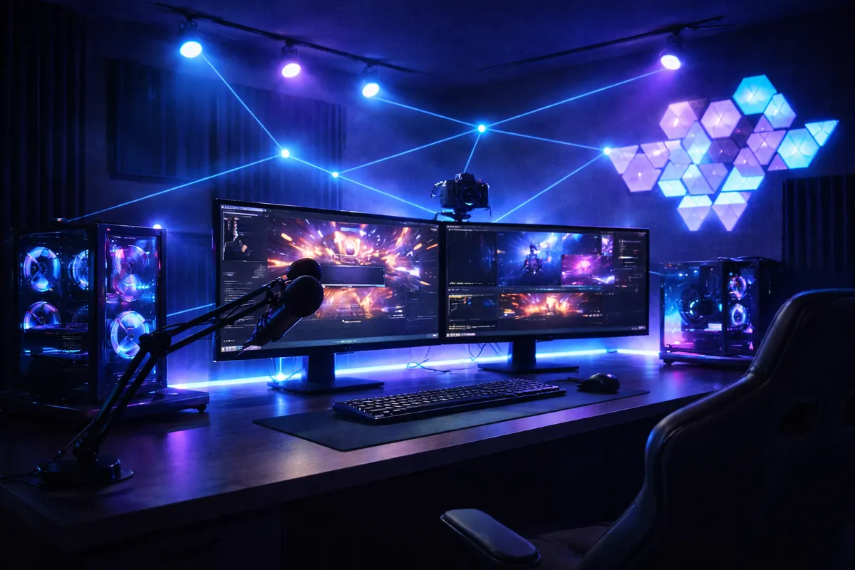 Setup premium de streaming com iluminação profissional