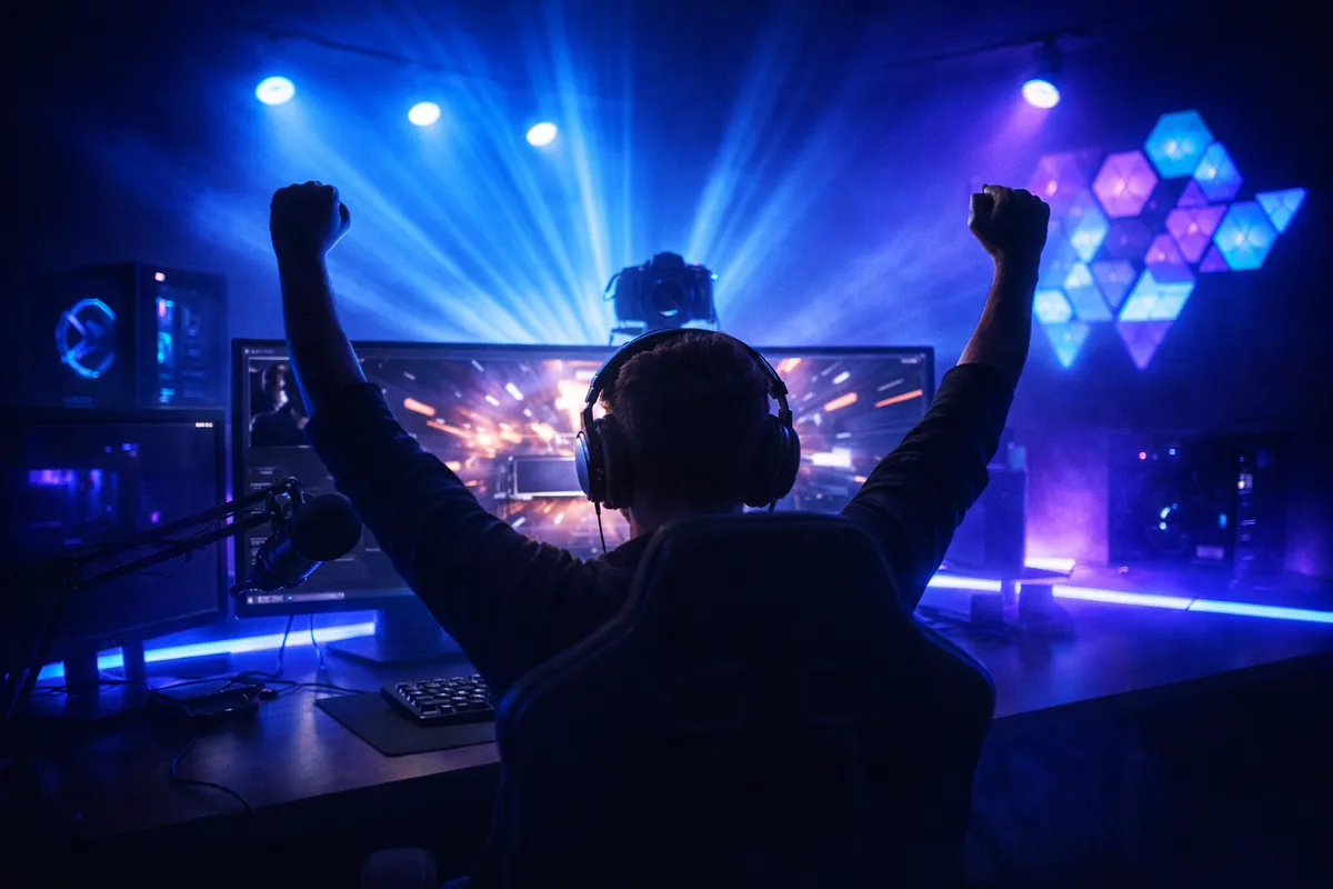 Estúdio de streaming reagindo a uma doação — luzes e dispositivos ativam